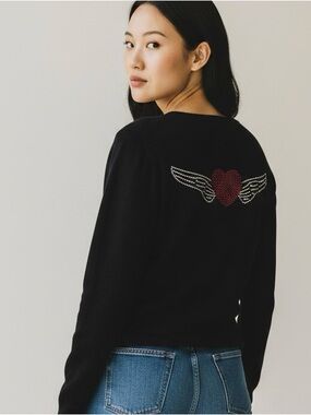 AQUA 100% Cashmere Winged Heart BACK Rhinestone Sweater Early 2000s Y2K Size L
